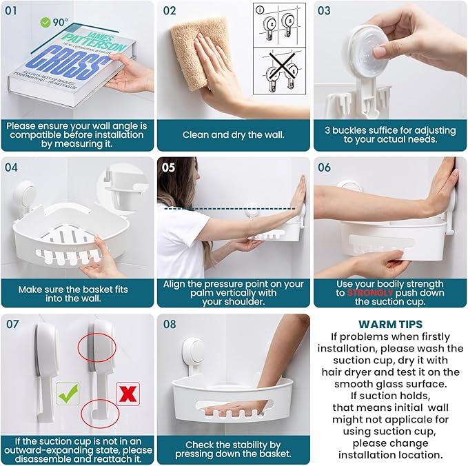 TAILI Suction Corner Shower Caddy, Bathroom Shelf Storage Basket Wall Mounted Organizer for Shampoo, Conditioner, Plastic Rack for Kitchen&Bathroom, Drill-Free Removable (2 Pack) - ModernBath