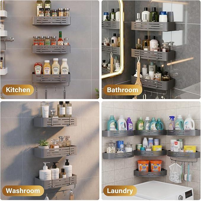 TIMBERHIDE 3-Tier No-Drill Storage Caddy with Hooks&Towel Bar,Organizing Solution for Bathroom,Shower&Kitchen,Holds Shampoos,Soaps,Sponges&Cleaners,Rectangle - ModernBath