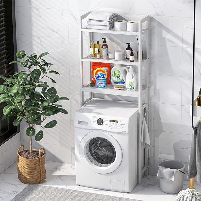 Giantex Over The Toilet Storage Shelf, 3-Tier Freestanding Space Saver Above Toilet Shelves with 3 Hooks & Adjustable Bottom Bar, Over Toilet Bathroom Organizer for Restroom, Laundry (White) - ModernBath