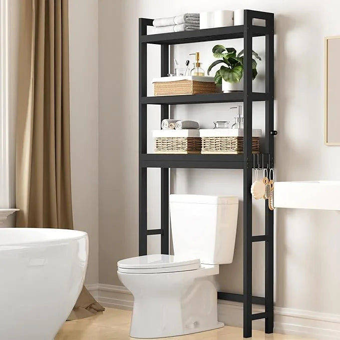 Smiry Over The Toilet Storage Cabinet, 3-Tier Bamboo Bathroom Organizers with Adjustable Shelf & 4 Hooks, Space Saving Shelf Rack for Bathrooms, Laundry Room, Balcony, Black - ModernBath