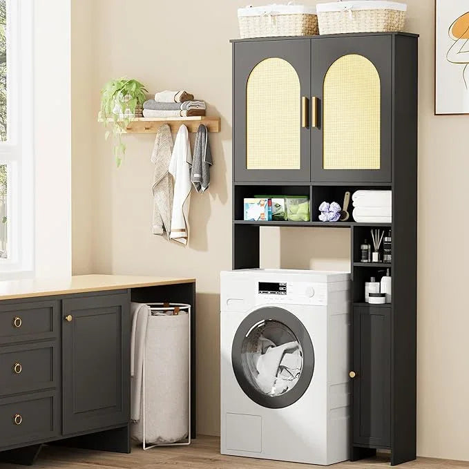 Homhedy 67" H Over The Toilet Storage Cabinet, Boho Bathroom Organizer with Rattan Decorated Doors, Adjustable Shelves, Toilet Paper Holder, Space-Saving Bathroom Shelf, Natural and Black - ModernBath