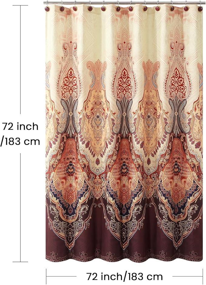 BESTRIPES Shower Curtain 72x72 Inches, Water Repellent Fabric with Gold and Brown Baroque Pattern, 12 Metal Grommets and Weighted Hem - ModernBath