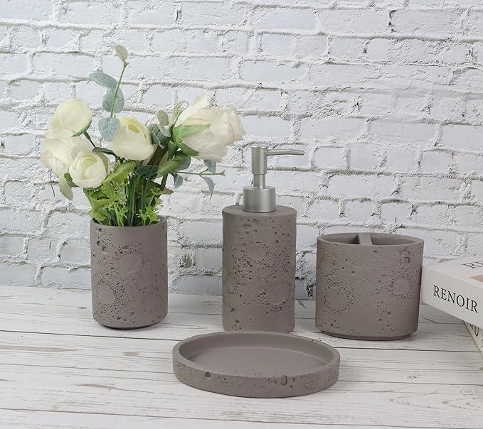 Hymmah Meteorites Bathroom Accessories Set,Farmhouse Bathroom Decor,4 Pcs Resin Gift Set Apartment Necessities, Contain Cotton Swab Jar,Soap Dispenser,Tumbler，Soap Dish/Tray - ModernBath