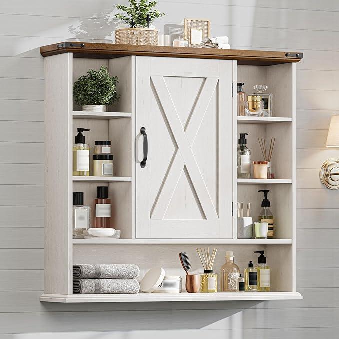 Bathroom Wall Cabinet, Farmhouse Medicine Cabinet with Adjustable Shelves and Barn Doors, Large Wall Mounted Over the Toilet Storage Cabinet for Bathroom, Laundry Room, Kitchen, Rustic White and Brown - ModernBath