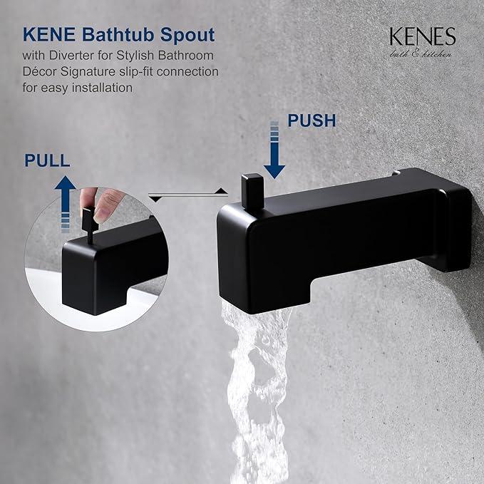 KENES Matte Black Tub Shower Faucet Set Complete with 10-Inch Rainfall Shower Head and Tub Spout, Square Tub and Shower Trim Kit, KE-6024A-2 (Shower Valve Included) - ModernBath