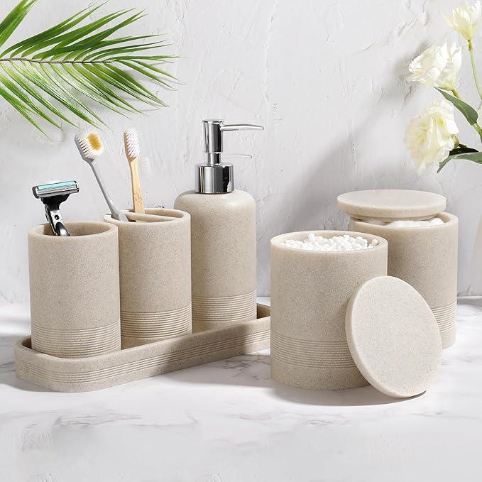 Bathroom Accessories Set, 6-Piece Bathroom Accessory Set, Toothbrush Holders Set, Soap Dispenser, Vanity Tray, Tumbler, Cotton Swab Jars, Bathroom Organizer for Modern Bathrooms(Beige) - ModernBath