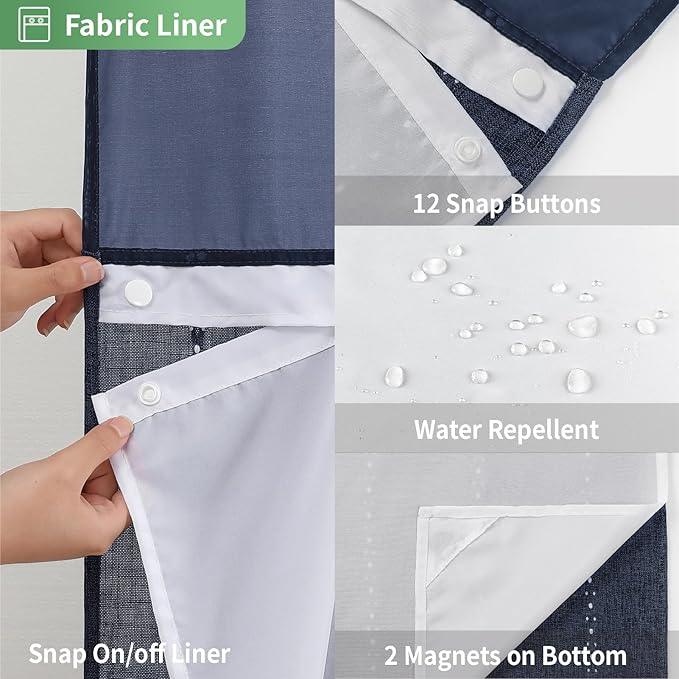 eachope No Hook Long Shower Curtain Set with Snap-in Fabric Liner,Linen Textured Thick Striped Fabric with Tassels,Boho Farmhouse Rustic Luxury Bathroom Curtain,Water-Repellent,Navy Blue,71x80 - ModernBath