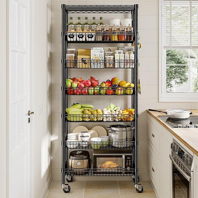 7 Tier Wire Shelving with Wheels 72" H Adjustable Basket Shelf Storage Shelves with Hooks for Kitchen Bathroom Pantry Shelves Closet Laundry Room Organization 72" H x 30" W x 14" D, Black - ModernBath