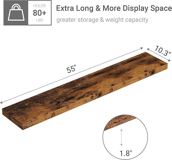 Vivelove 55 inches Long Floating Shelves for Wall, Extra Deeper & Thicker Storage Shelf for Living Room, Kitchen, Farmhouse,Wall Shelves with Invisible Brackets,Set of 1, Rustic Brown - ModernBath