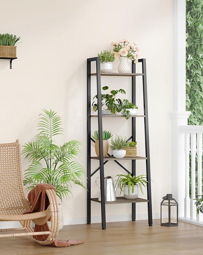 Hoctieon 4-Tier Industrial Ladder Bookshelf, Narrow Ladder Shelf, Tall Standing Bookshelf, Skinny Open Ladder Shelf, for Living Room, Home Office, Kitchen, Bedroom, Metal Frame, Greige - ModernBath