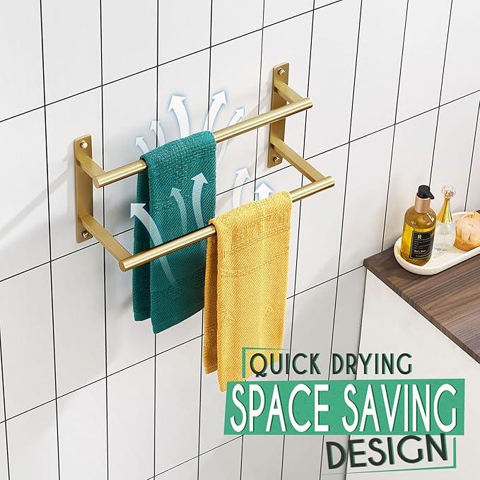 KOKOSIRI 16 Inch Bathroom Towel Racks Double Towel Bar Bath Towel Holder Towel Hanger Towel Shelf Wall Mount Stainless Steel Brushed Gold B5010BG-L16 - ModernBath