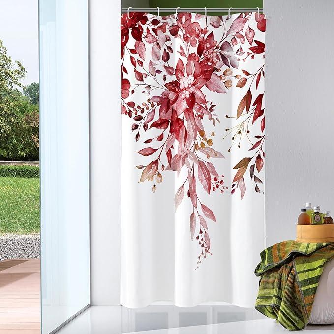 Gibelle Small Stall Shower Curtain 36 x 72, Narrow Half Burgundy Red Floral Shower Curtain for Bathroom, Watercolor Plant Eucalyptus Leaves Fabric Shower Curtain Set - ModernBath