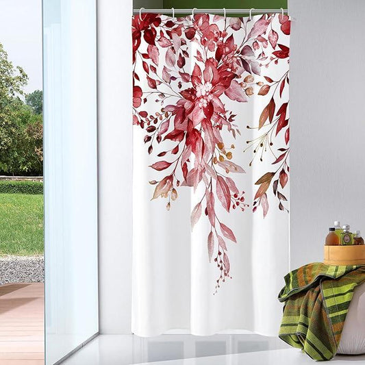 Gibelle Small Stall Shower Curtain 36 x 72, Narrow Half Burgundy Red Floral Shower Curtain for Bathroom, Watercolor Plant Eucalyptus Leaves Fabric Shower Curtain Set - ModernBath