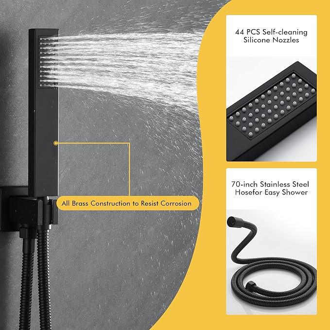 Fransiton 12 Inches Matte Black Shower System Rain Shower System Set Wall Mounted, Rainfall Shower Head with Handheld, Bathroom Shower Kit (Valve Included) - ModernBath