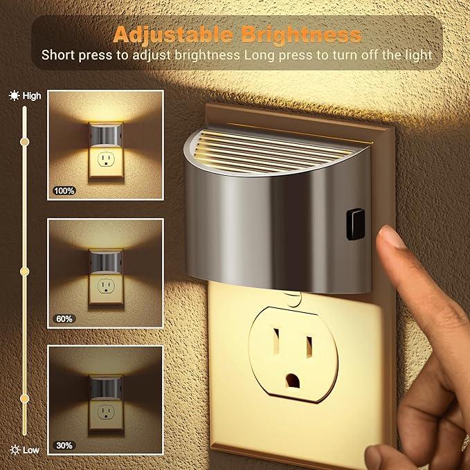 JandCase LED Night Lights Plug into Wall, 2 Pack Modern Night Lights, Dusk to Dawn Sensor Nightlight, 0-100LM Brightness Adjustable, 3000K Soft White(Silver) - ModernBath