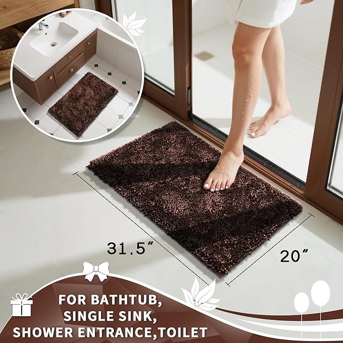 Yimobra Chenille Bathroom Rugs Non Slip, Extra Thick Soft Absorbent Bath Rug 31.5x20 Inch, Machine Washable Quick Dry Bath Mat for Bathroom Floor, Tub and Shower, Home Decor Accessories, Brown - ModernBath