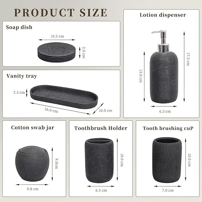 Resin Bathroom Accessory Set - 6PCS Bathroom Accessories Set, Bath Vanity Countertop Accessories with Soap Dish, Lotion Dispenser, Toothbrush Holder, Toothbrush Cup, Vantiy Tray, Qtip Holder (Black) - ModernBath
