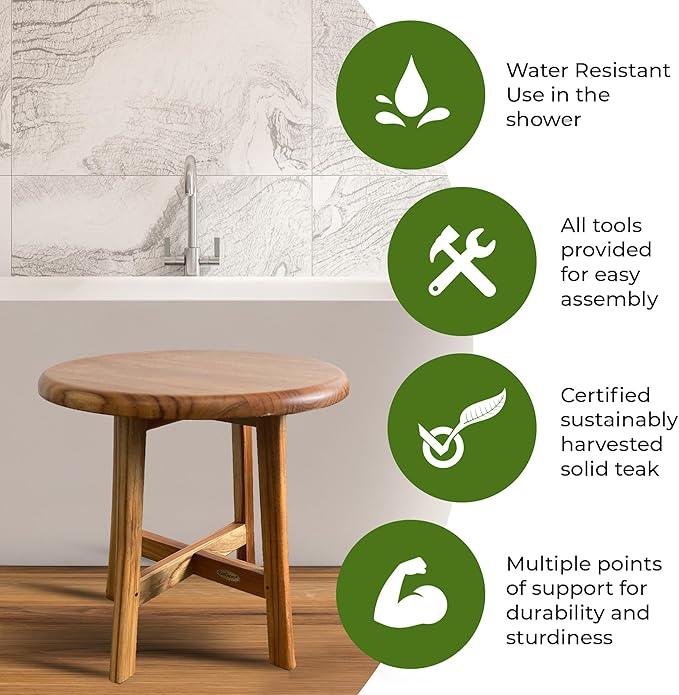 EcoDecors Shoji 17.5 Inch Round Table Waterproof Teak Wood Shower Bench Stool Seat Chair for Inside Shower Provides Safety, Storage, and Organization for Bathroom Accessories - ModernBath