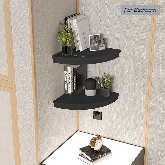 HAO Floating Corner Shelf Invisible Wall Mounted Shelves Radial Shape Cable Wire Hole Pattern Perfect for Bedroom Bathroom Living Room Kitchen Set of 2 Black - ModernBath