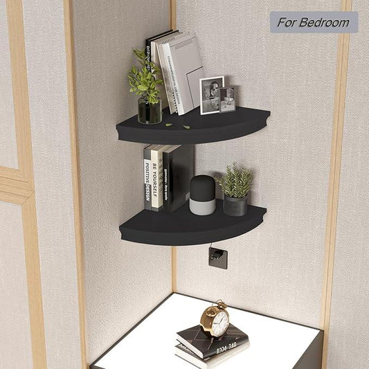HAO Floating Corner Shelf Invisible Wall Mounted Shelves Radial Shape Cable Wire Hole Pattern Perfect for Bedroom Bathroom Living Room Kitchen Set of 2 Black - ModernBath