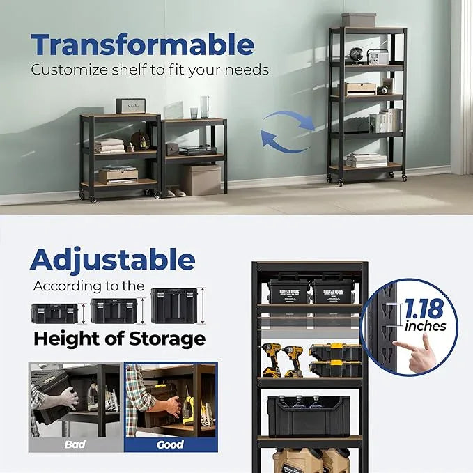 HOMEDANT House 24.4" 5-Tier Metal Rolling Cart Shelf Rack Casters Heavy Duty Laminated Wheel Shelving Unit Adjustable Utility Storage Shelves Shelf Kitchen Garage Black 1Pack - ModernBath