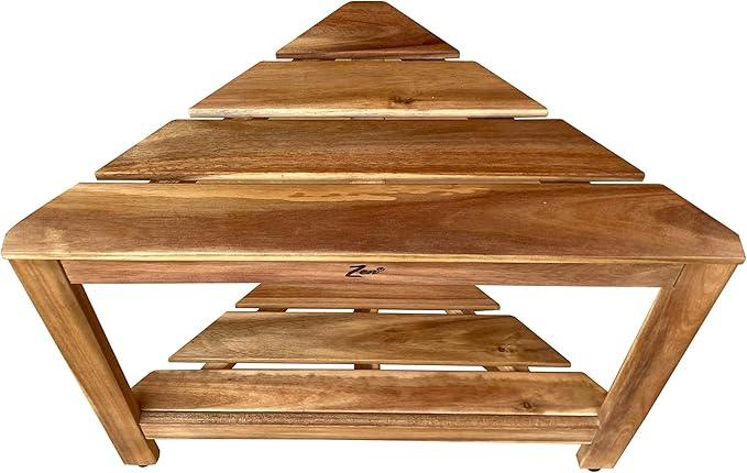 Zen 18" Acacia Wood Shower Stool – Corner Shower Bench with Shelf, Teak-Like Finish, Wooden Bath Stool for Shower or Spa - ModernBath