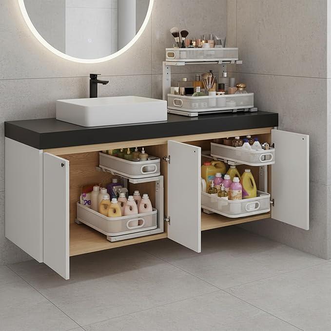 2 Pack Under Sink Organizer, Dual-Layer Pull Out Mesh Cabinet Rack with 5-Level Height Adjustment, Rust-Resistant Sliding Storage for Bathroom & Kitchen, Multi-Purpose 2-Tier Shelf - ModernBath