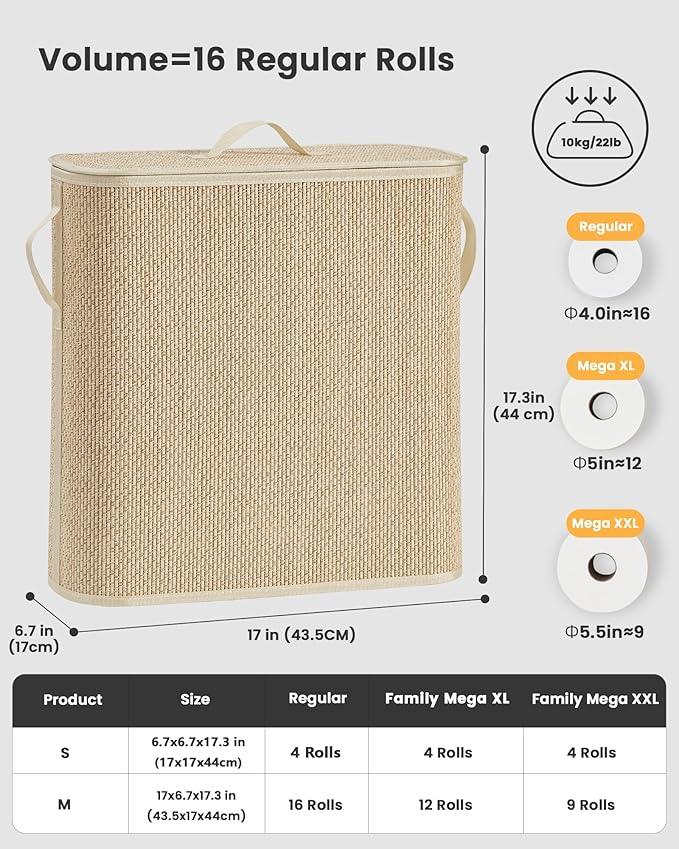 Bamboo Toilet Paper Storage Basket with Lid & Handle - 32L Large Capacity Handwoven Bathroom Organizer for 16 Rolls - Sturdy Stand Holder for Toilet Paper Organization, Light Natural - ModernBath