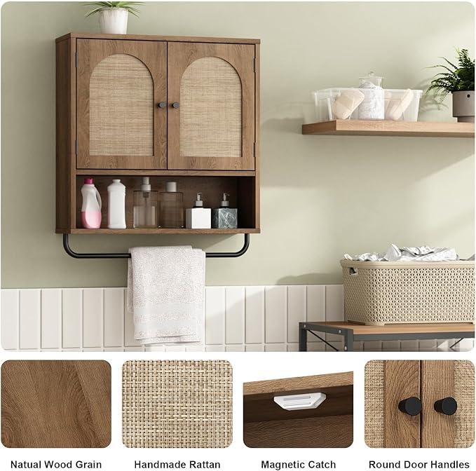 RUSTOWN Rattan Bathroom Wall Cabinet, Boho Medicine Cabinet with 2 Arched Doors, Farmhouse Over The Toilet Storage Cabinets with Adjustable Shelves & Towel Bar, 3-Tier Wall Mounted Cabinets - ModernBath