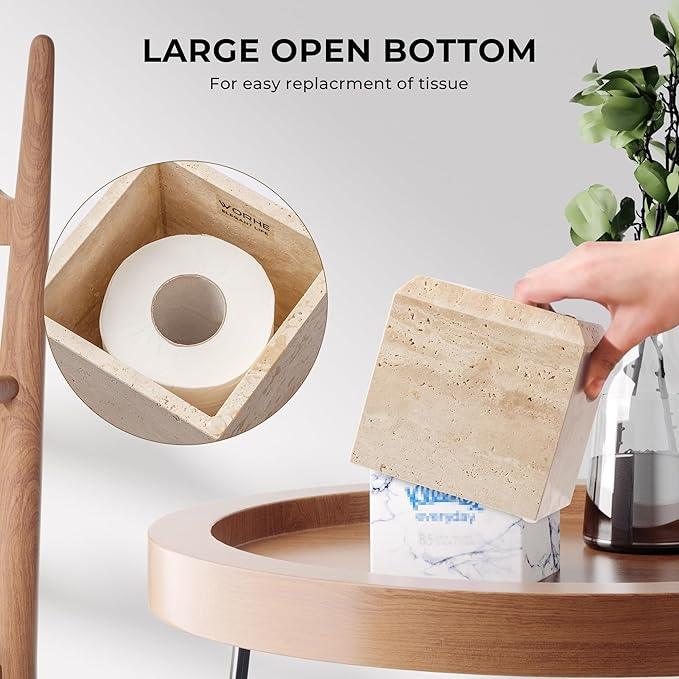 WORHE Tissue Box Cover Italy Natural Travertine Stone Heavy Duty Square Facial Toilet Paper Holder for Bathroom Living Room Bedroom Dresser Kitchen Minimalistic Office Home Decor Beige (TBC145WT) - ModernBath