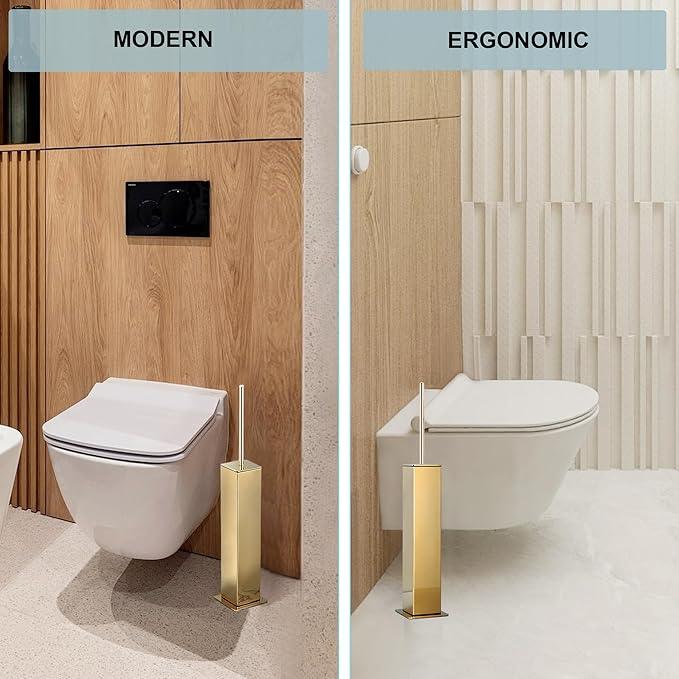 Gold Toilet Brush with Holder 304 Stainless Steel Toilet Bowl Brush, Square Bathroom Cleaner Brush - ModernBath