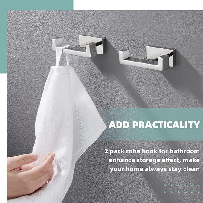 APLusee Double Robe Towel Hook Polished Chrome 2 Pack, 304 Stainless Steel Square Towel Hanger, Minimalist Coat Holder for Modern Bathroom Washroom - ModernBath