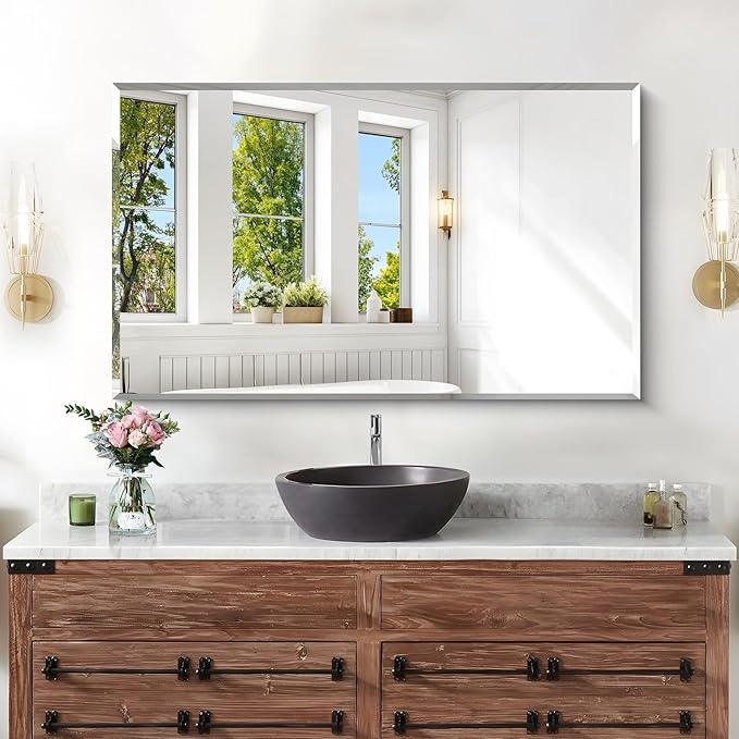 KOCUUY Beveled Mirror, 24x40 Inch Frameless Bathroom Mirror for Over Sink, Upgraded Shatterproof Beveled Unframed Design Mirror for Bathroom, Bedroom, Hang Horizontal/Vertical - ModernBath