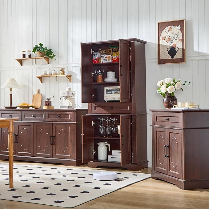 71" Tall Pantry Cabinet with Drawer and Adjustable Shelves, Modern Storage Cabinet with Doors, Kitchen Buffet Cabinet, Food Pantry Storage Cabinet, Coffee Bar, Living Room and Dining Room Cherry - ModernBath