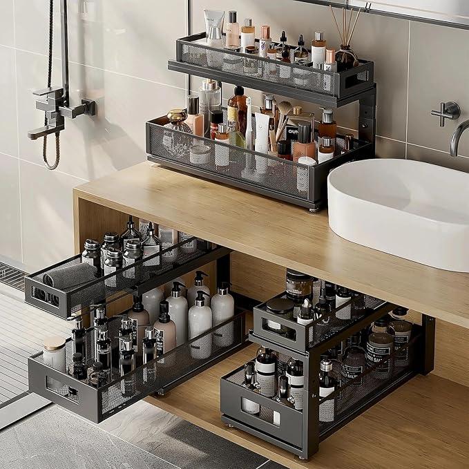 2 Pack 21.3IN-Depth Under Sink Organizer with Next-Gen Ball-Bearing Slides,2-Tier Pull Out Cabinet Storage,Height Adjustable Drawer Shelf for Bathroom,Kitchen,Laundry,Cabinet,Pantry-Black - ModernBath