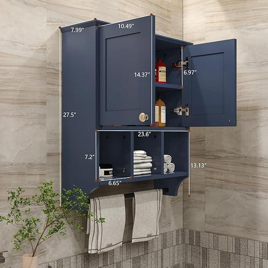 Bathroom Wall Cabinet, Wall Mounted with Towel Bar & 6 Shelves - Over Toilet Storage Organizer, 2-Door Medicine Cabinet, Adjustable Bathroom Shelves(Blue) - ModernBath