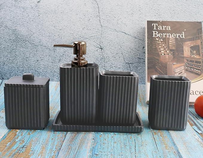 Hymmah Black Bathroom Accessories Set,Unique Design Bathroom Set 5 Pcs Resin Gift Set Apartment Necessities, Contain Cotton Swab Jar,Soap Dispenser,Soap Dish/Tray,Tumbler - ModernBath