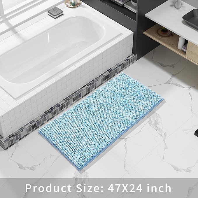 Yimobra Luxury Bathroom Rugs, 47x24, Extra Soft Chenille Mats for Bathroom Non Slip, Fluffy Long Matts for Tub, Plush Shaggy Carpet Runner, Water Absorbent, Machine Washable, Blue & Light Blue - ModernBath