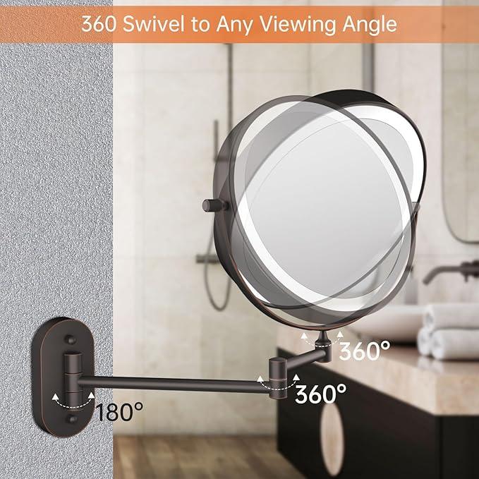 5000mAh Rechargeable Wall Mounted Lighted Makeup Vanity Mirror Double Sided 1X 30X Magnifying Bathroom Mirror, 3 Color Lighting, Touch Dimming, Extended Arm 360 Rotation Light up Mirror Antique Bronze - ModernBath