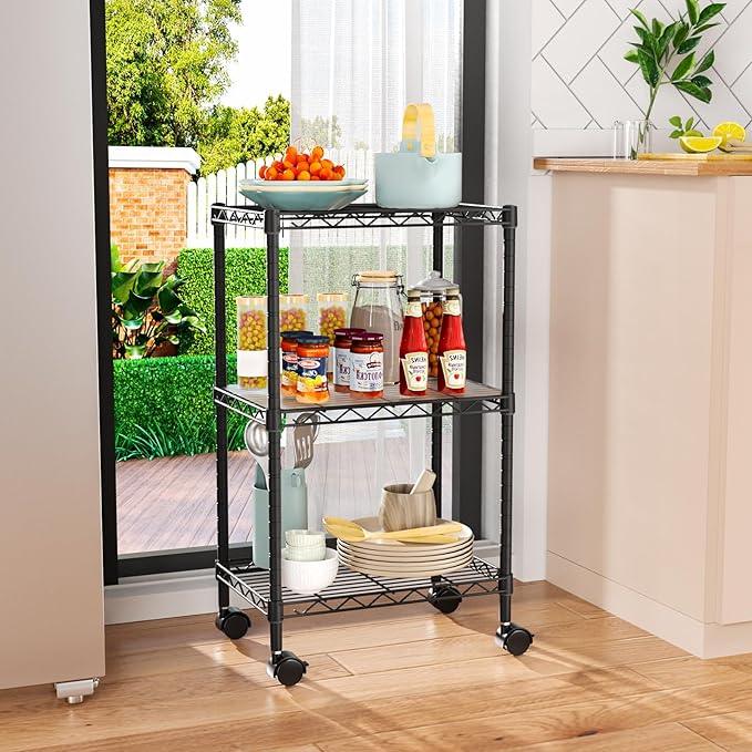 Small 3 Tier Shelves Storage Wire Shelving Unit Metal Shelf Adjustable Organizers Storage Shelving with Wheels for Bathroom Laundry Room Kitchen Pantry12”D x 18”W x 30.7”H Black - ModernBath
