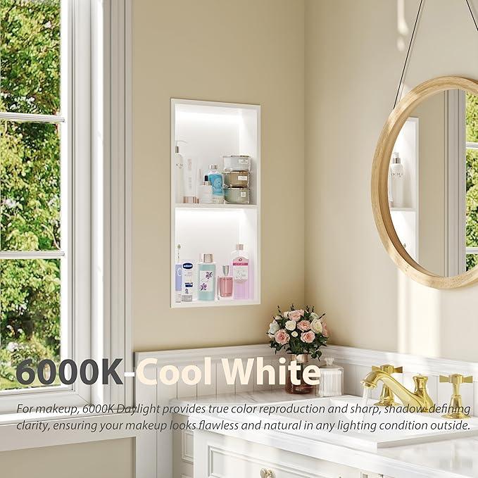 Stainless Steel Shower Niche 12" X 24", No Tile Needed Wall Niche with 3 Selectable Color Temperatures Led Light, Recessed Shower Shelf for Bathroom Storage Over Mount Installation, Matte White - ModernBath
