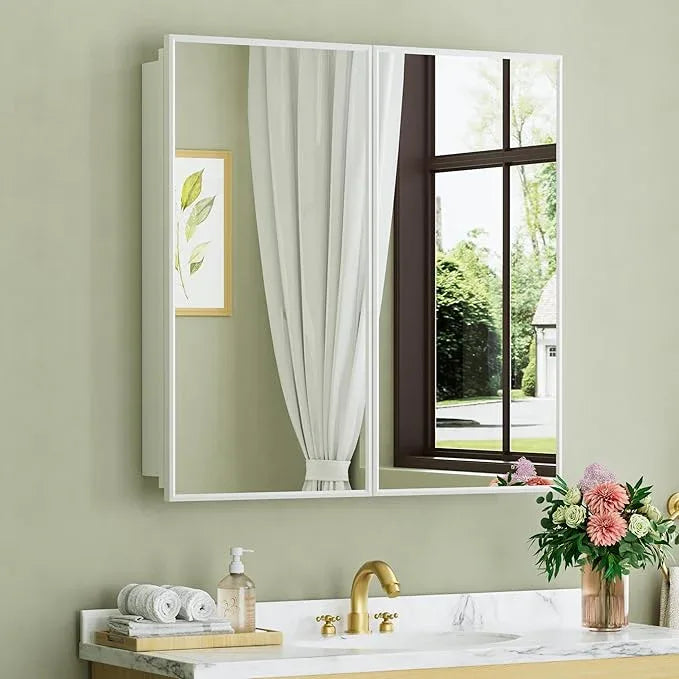 Buruis 30" x 30" Framed Medicine Cabinet with Mirror, Recessed or Wall Mounted Bathroom Cabinet, Adjustable Tempered Glass Shelves, Left/Right Open Reversible, No Assembly Required, White - ModernBath