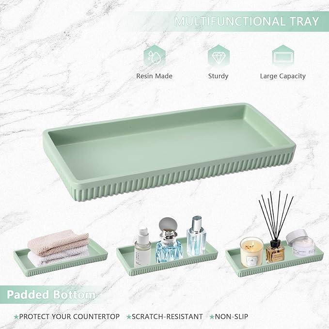 XLHOMO Resin Light Green Bathroom Accessories Set 5 Pcs, Lotion Soap Dispenser, Toothbrush Holder, Bathroom Tumbler, Qtip Holder and Vanity Tray, Bathroom Countertop Organizer Set for Modern Apartment - ModernBath