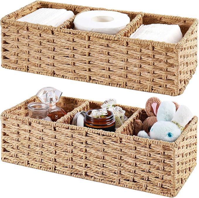 Vagusicc 3-Section Wicker Baskets for Shelves, Hand-Woven Round Paper Rope Wicker Storage Basket, Toilet Paper Basket for Toilet Tank Top, Baskets for Organizing, 2-Pack - ModernBath