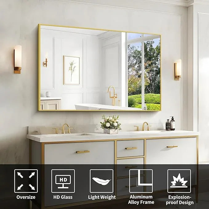 COFENY Gold Bathroom Mirror for Wall, 60x36 Inch Rectangle Mirrors with Metal Frame, Modern Vanity Wall Mirror Decor for Bathroom Living Room, Entryway Hangs Horizontal or Vertical - ModernBath