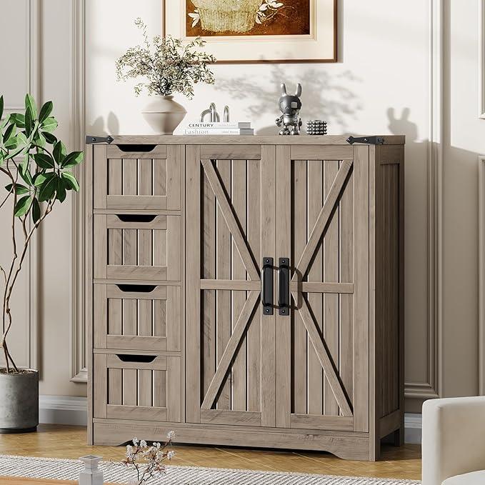 Vabches Farmhouse Bathroom Cabinet, Freestanding Storage Cabinet with 4 Drawers and 2 Doors, Rustic Storage Organizer with Adjustable Shelf for Bathroom, Living Room, Entryway, Grey - ModernBath