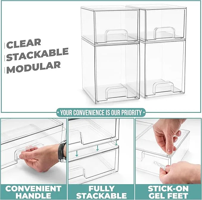 Sorbus Acrylic Storage Containers - 4 Pack, Stackable Storage Bins Set for Bathroom Organization - Clear Acrylic Drawer Organizers - Makeup Case Pull-Out Drawers (7.6’’ and 4.4’’ Tall) - ModernBath