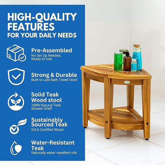 EcoDecors SnazzyCorner 18" Teak Shower Bench, 300 lb Capacity, Fully Assembled + Loveable 4 Pack Care Bundle - ModernBath