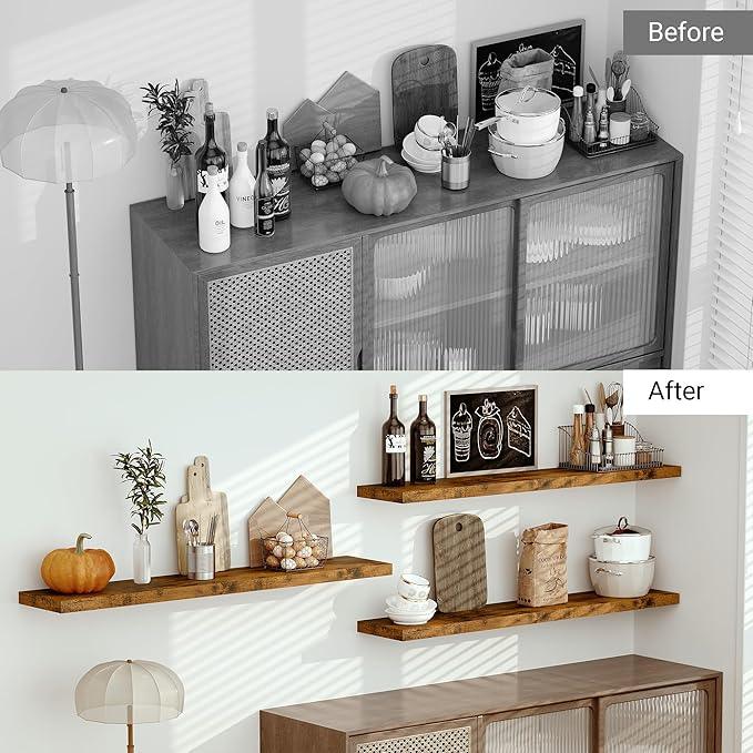Vivelove 55 inches Long Floating Shelves for Wall, Extra Deeper & Thicker Storage Shelf for Living Room, Kitchen, Farmhouse,Wall Shelves with Invisible Brackets,Set of 1, Rustic Brown - ModernBath
