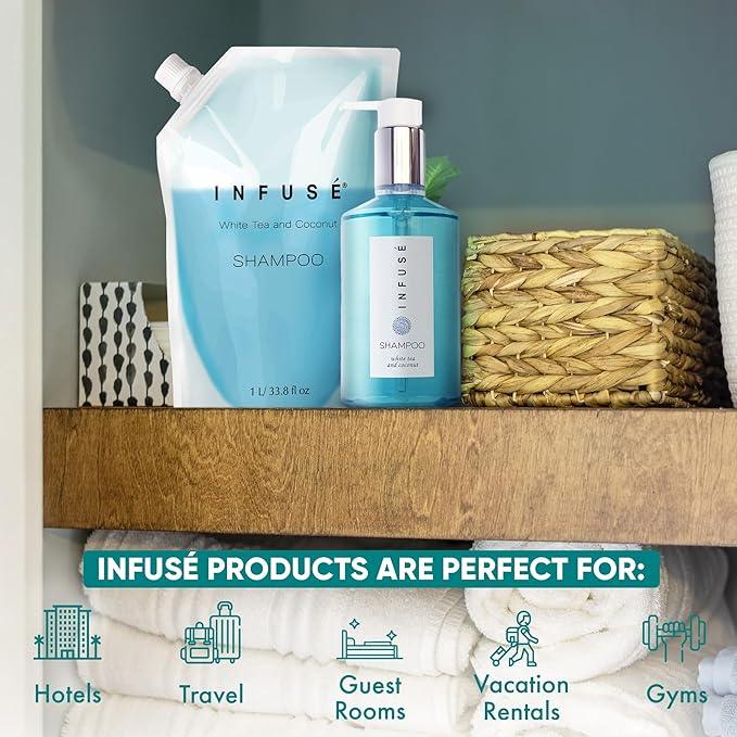 INFUSÉ 1 Liter Shampoo Refill Bag For Soap Dispensers | Bulk Toiletries for Vacation Rentals, and Home Bathroom Showers | White Tea and Coconut | Single - ModernBath